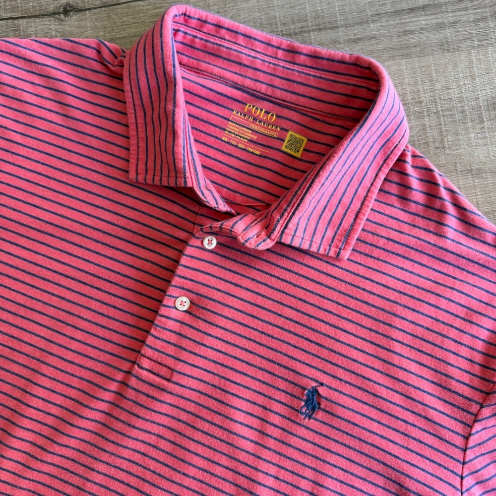 Polo Ralph Lauren Performance Mens XXL Striped Polo Shirt Pink Navy Blue - Picture 2 of 8